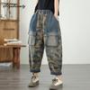 Spring Autumn Women Streetwear Harem Jeans High Waist Contrast Color Patchwork Plus Size Denim Pants Casual Loose Baggy Ladies' Jeans