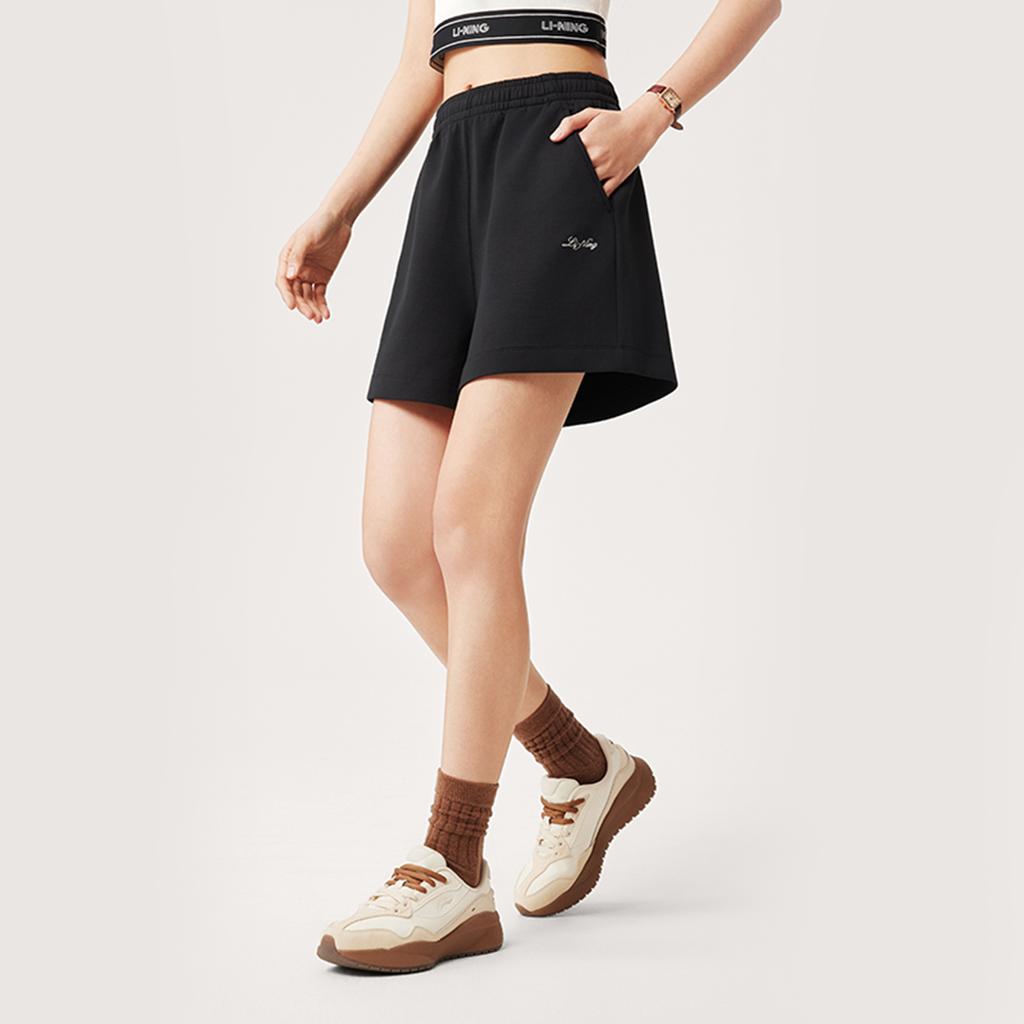 Li Ning Sports Trend Series Solid Color Mid Waist Breathable Versatile Straight Leg Casual Shorts Women shorts Black AKSV178-4