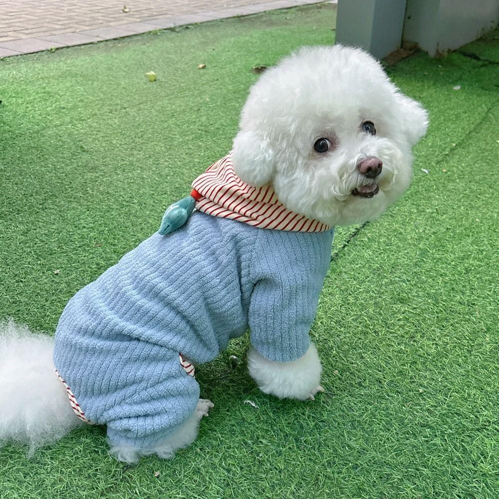 Warm Dog Striped Jumpsuit Fleece Puppy Hood Pajamas Puppy Homewear Dog Overalls  Winter Season