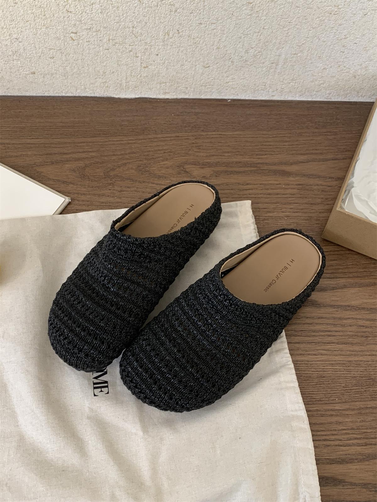 

Плетеные женские балетки, тапочки, элегантные мюли с неглубоким вырезом, летние новинки 2025, шлепанцы для ходьбы, уютные, мягкие, сандалии для женщин 39 чёрный