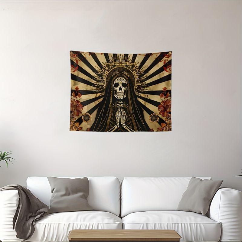 Santa Muerte Floral Skull Tapestry Vintage Day Of The Dead Print Wall Hanging Bedroom Dorm Apartment Aesthetic Decor