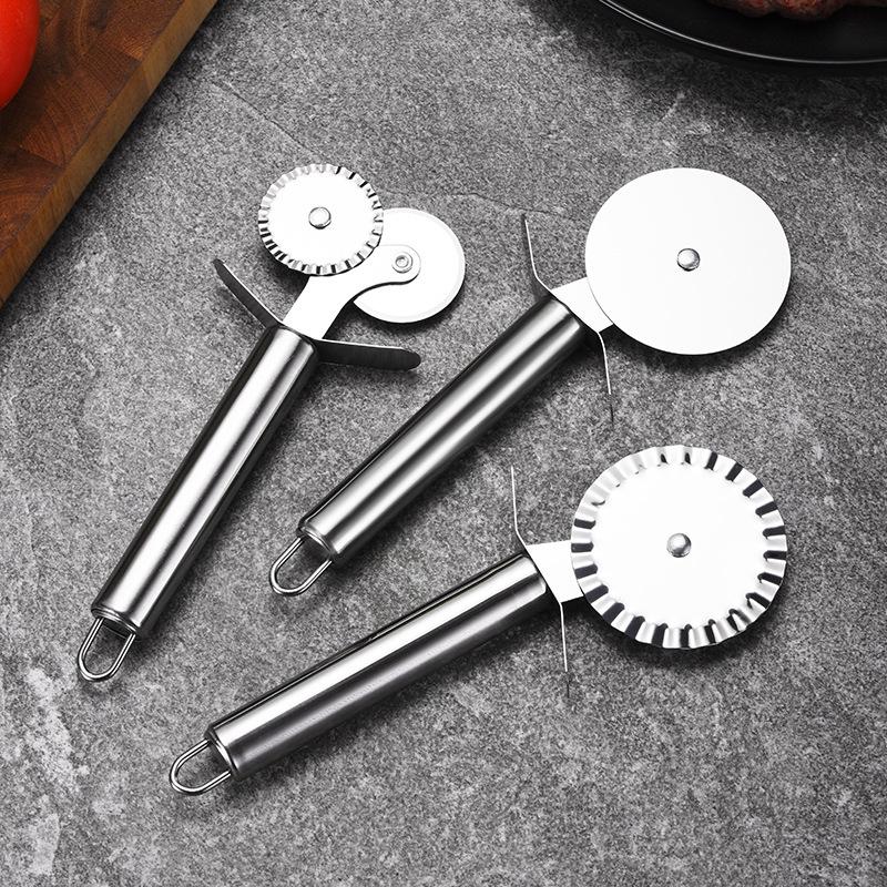 Cortador de Pizza de acero inoxidable con 4 patrones, cuchillo para Pizza de doble rodillo, cortador de masa, prensador de masa, utensilios de cocina para hornear