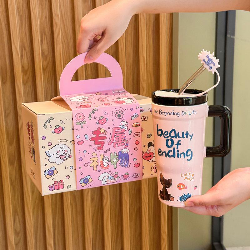 Ins High Value Cute Straw Cup for Girls Large Capacity Ceramic Mug with Lid Couple Water Cup Birthday Gift