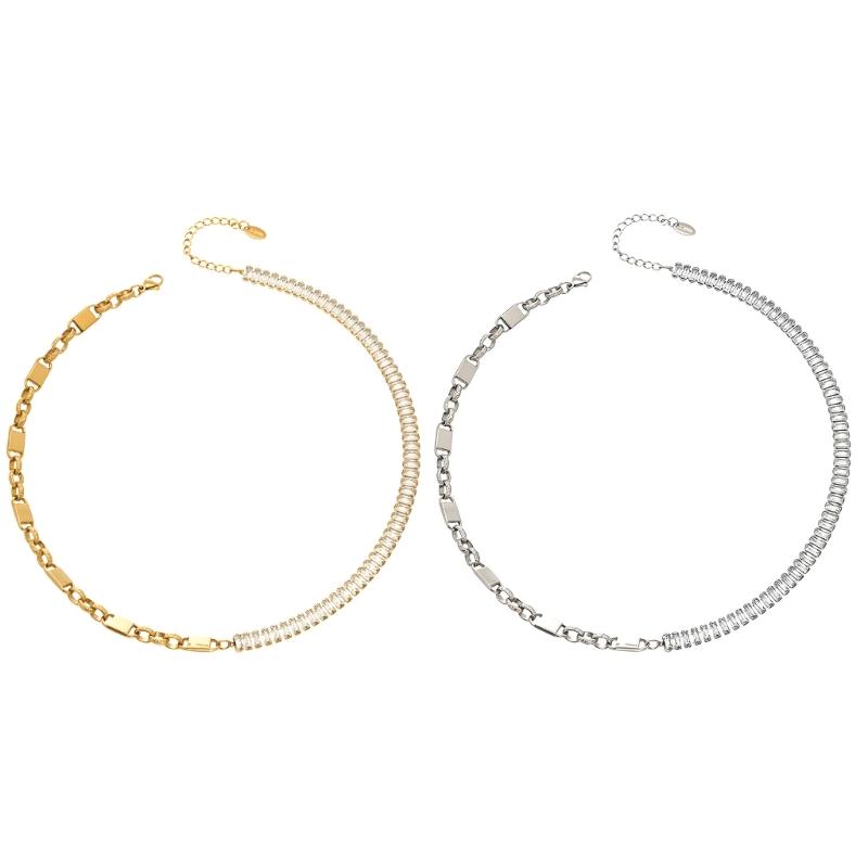 Geometric Zirconia Chain Necklace Stainless Steel Adjustable Length Collarbone Chain For Women Layering Jewelry