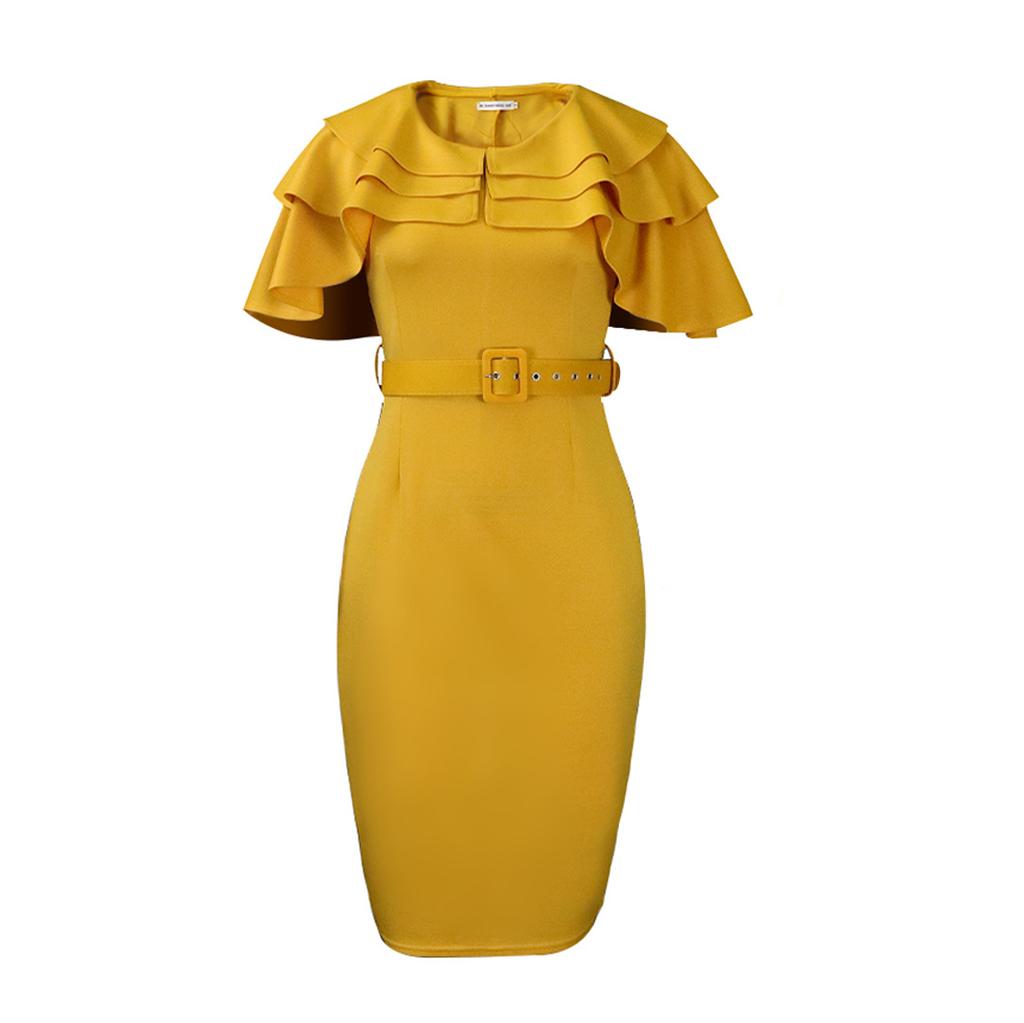 Großes Damen-Sommermode-Rüschenkleid, einteiliges, einfarbiges Etuikleid mit Gürtel