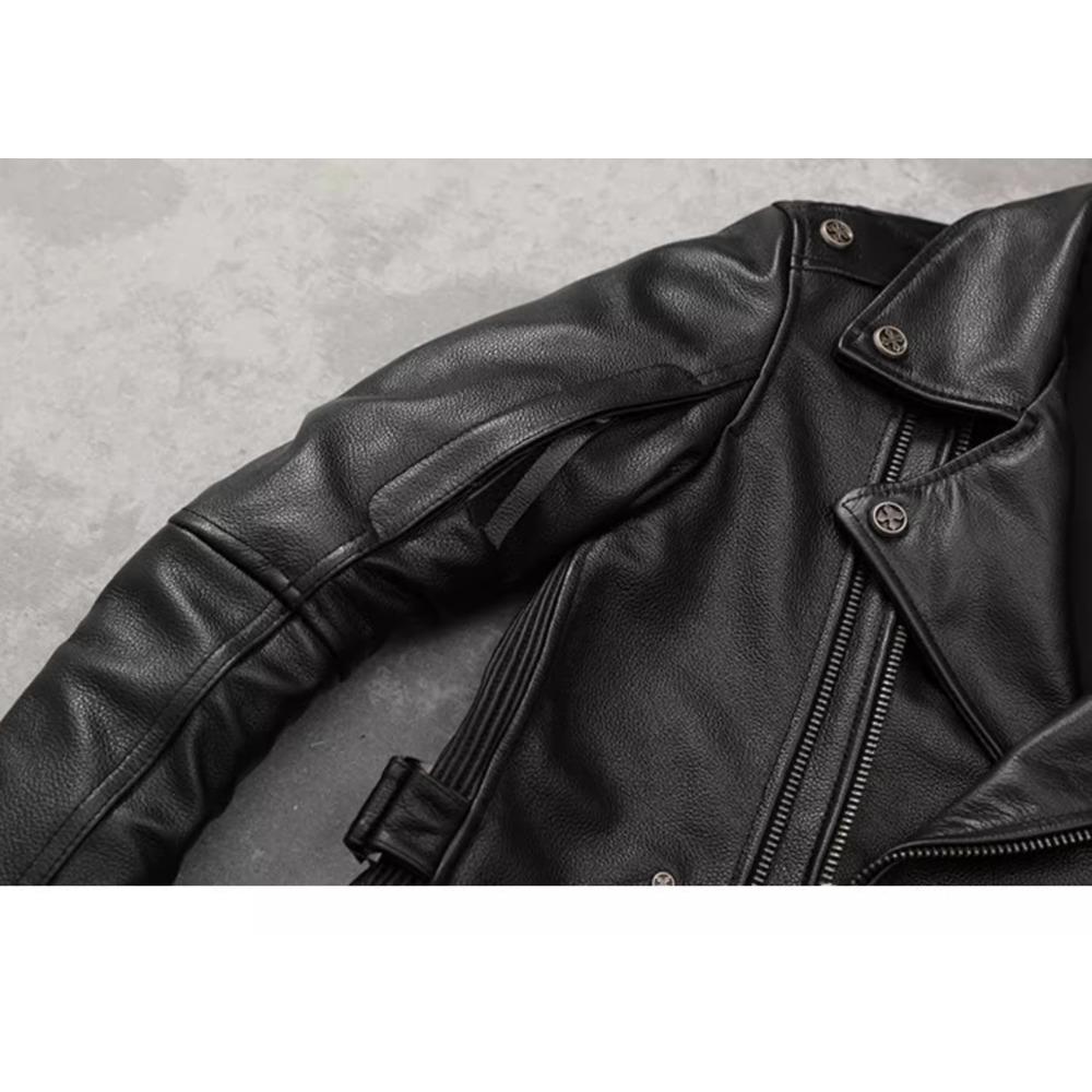 Chinese Size Motorcycle Cowhide Genuine Leather Jacket Men Slim Stone Milled Retro Jacket Calfskin Coat Men Moto Biker Riding Clothes