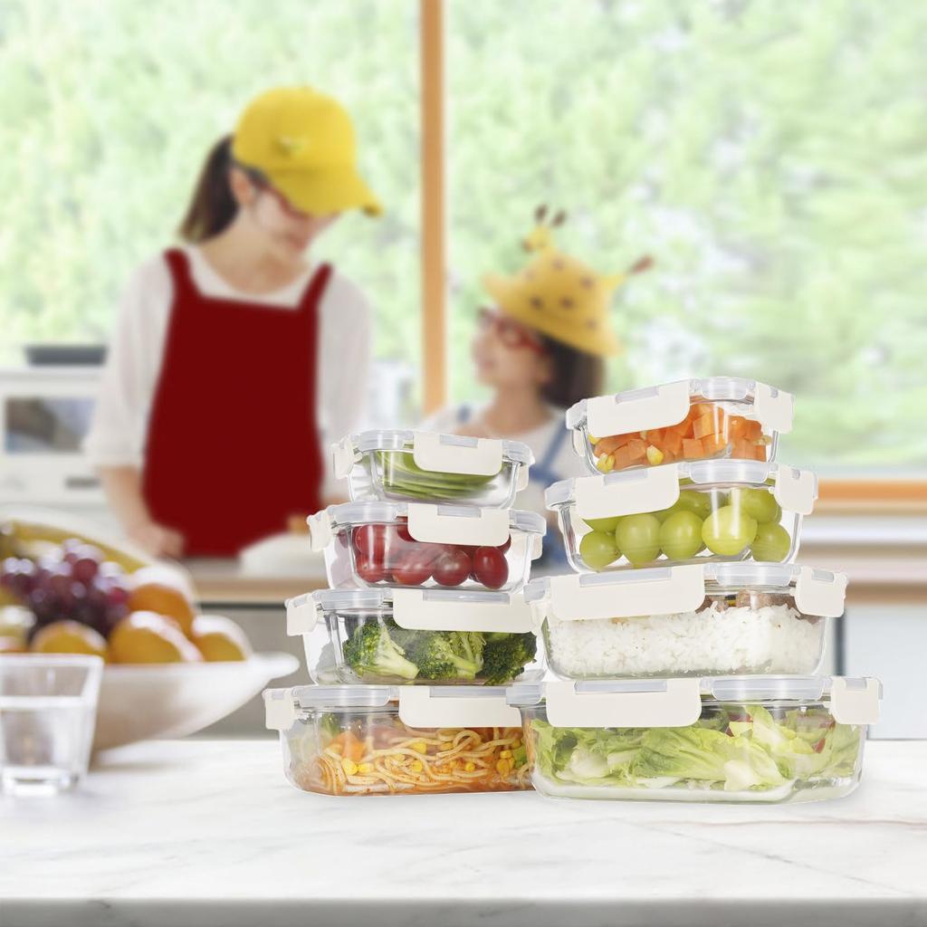 AILTEC Heat Resistant Glass Storage Set of 8 Glass Airtight Microwave Oven Dishwasher BPA with Square Containers, Tupperware, Containers, Safe,