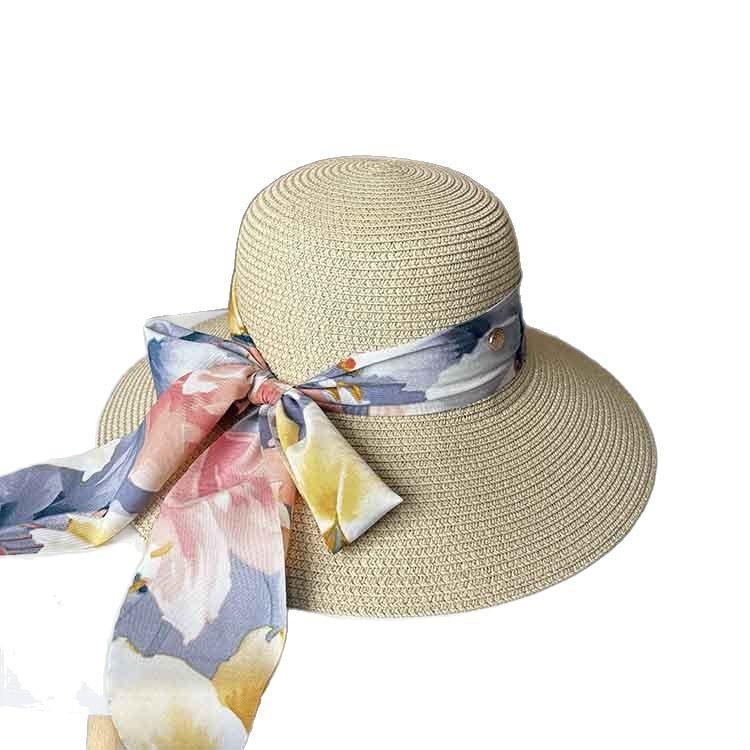 Summer small fresh streamer bow woven straw hat women's big eaves sunshade sunscreen hat seaside vacation sun hat