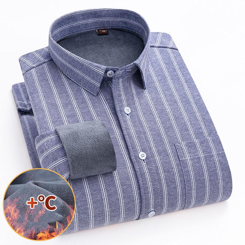 Winter Cotton Oxford Casual Shirts Striped  Plaid Business Men Long Sleeve Warm Shirt 2 Layers
