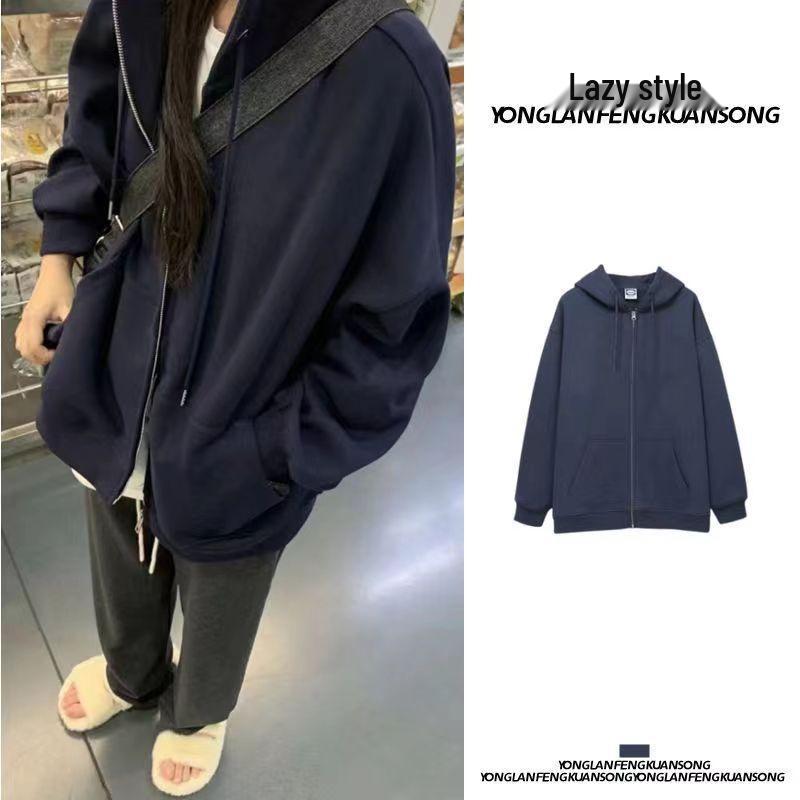 Felpa con cappuccio e zip foderata in pile da donna - Stile coreano pigro, Cardigan spesso per la primavera e l'autunno 2024.