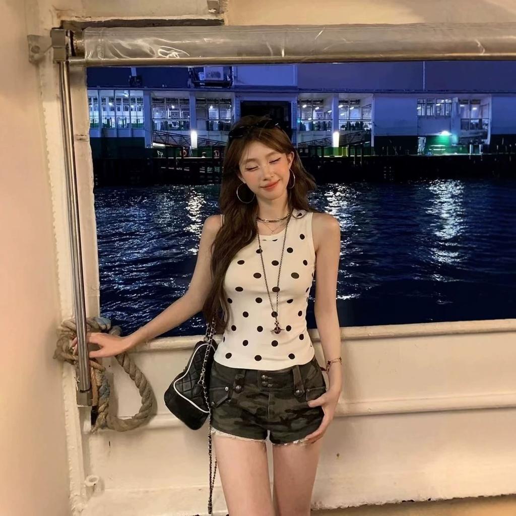 Korean Chic Polka Dot Printed Sleeveless Sling Vest Summer New Design Slim and Thin INS Style Top
