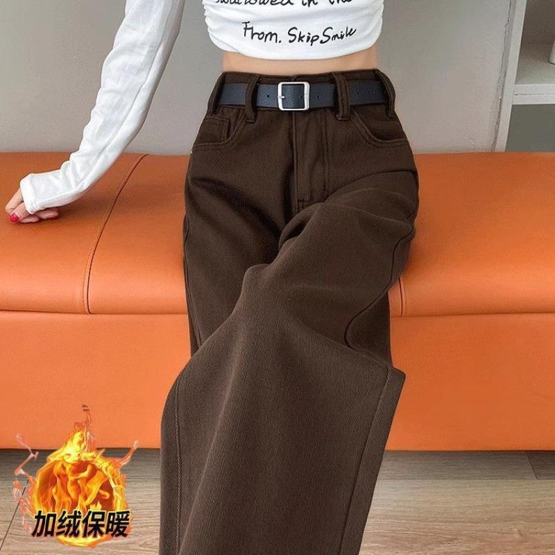 Coffee wide-leg jeans for women's autumn and winter high waist loose and thin velvet thickened retro narrow straight-leg pants