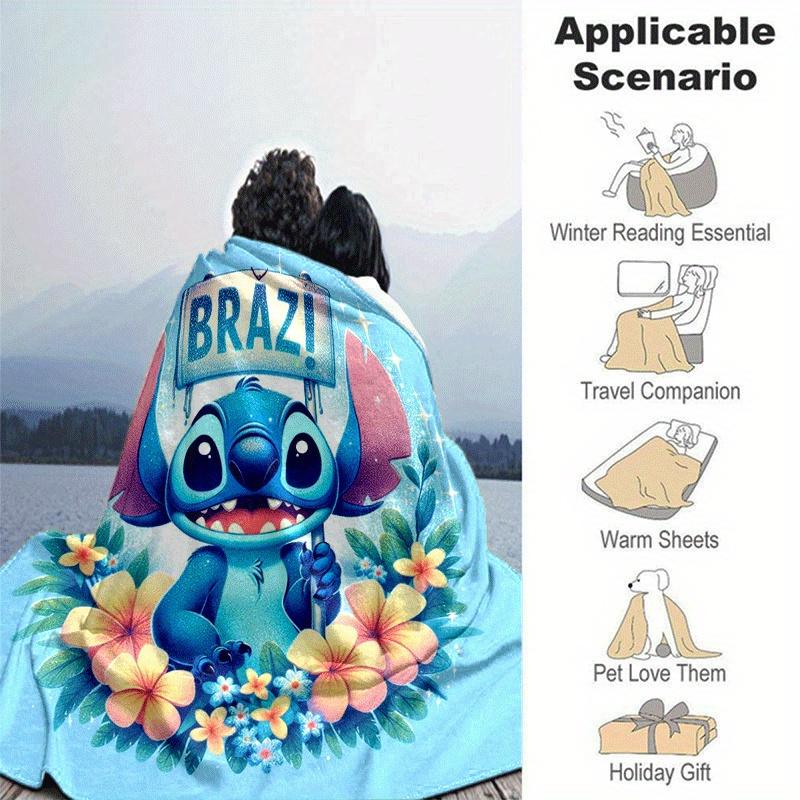 1pc Stitch Flowers Printing Blanket - Soft, All-Season Throw for Office Blanket,Personalized Gift with Adorable Cartoon Design