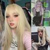 Long Natural Wavy Platinum Blonde Wigs with Bangs Cosplay Party Lolita Synthetic Wigs for Women Heat Resistant Fiber