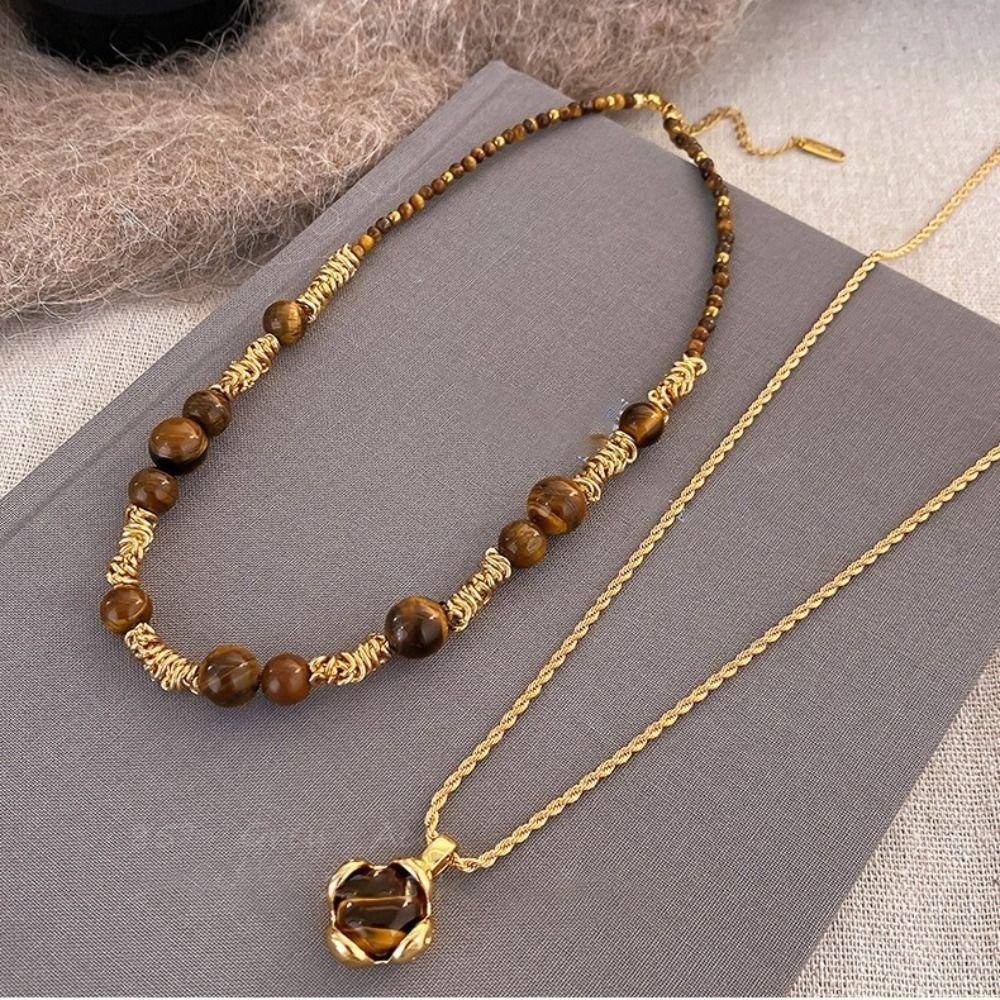 Retro Tiger Eye Stone Necklace Maillard Chain Choker Pearl Beaded Necklaces  Cloth Accessories
