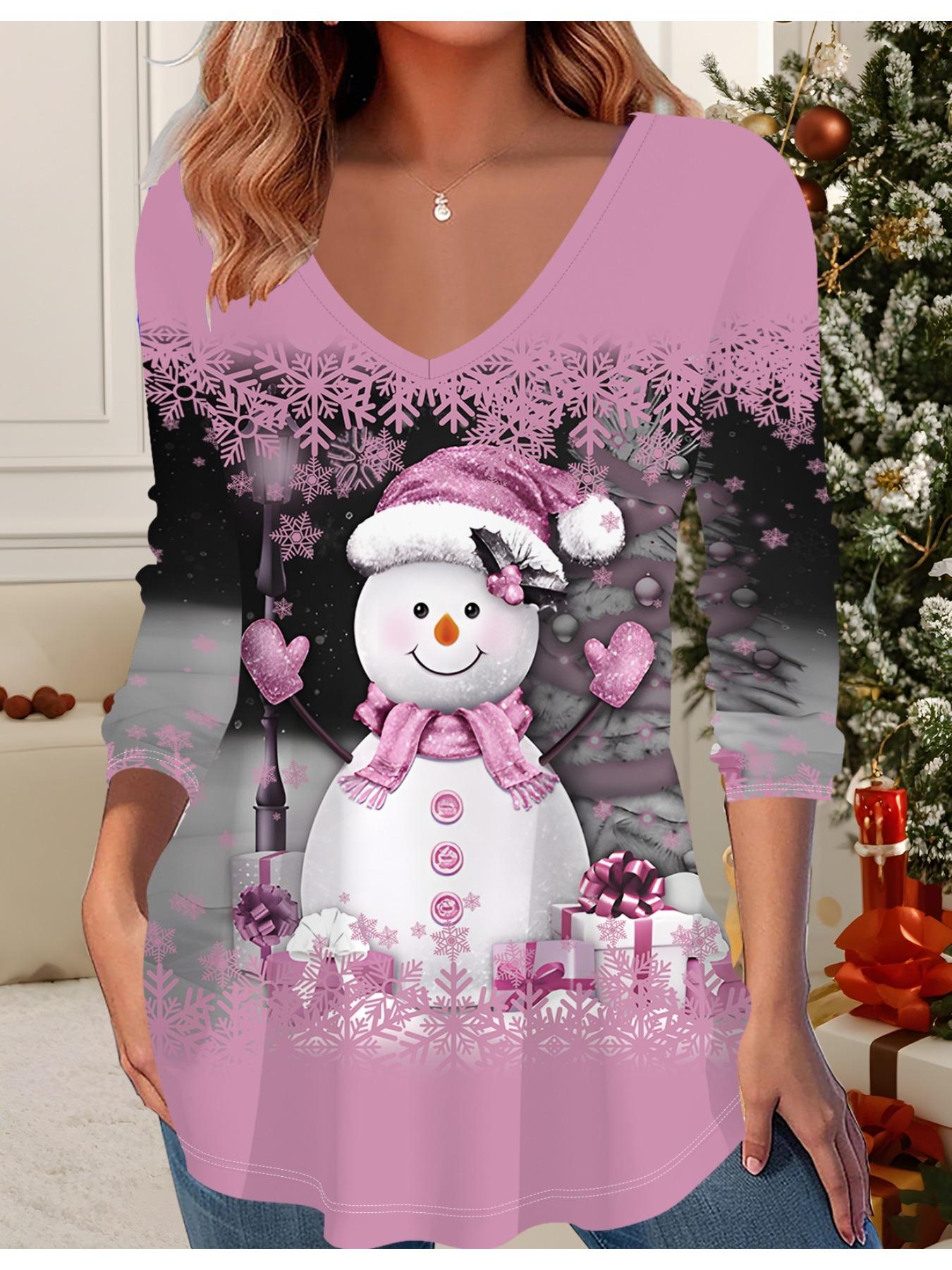 

3D Рождественская Принтованная Модная Повседневная Женская Футболка с V-образным вырезом и длинным рукавом - Одежда для новогодней вечеринки, Праздничный подарок 6XL