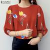 ZANZEA Women Casual Round Neck 3/4 Sleeve Loose Print Blouse