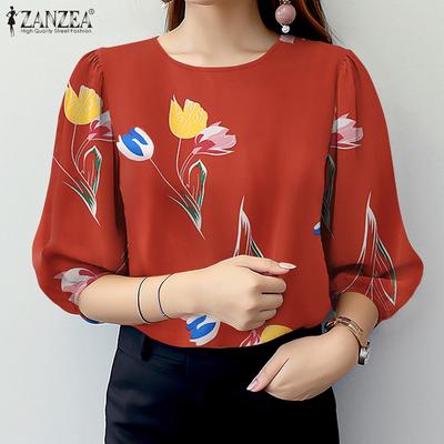 Women Casual Round Neck 3/4 Sleeve Loose Print Blouse