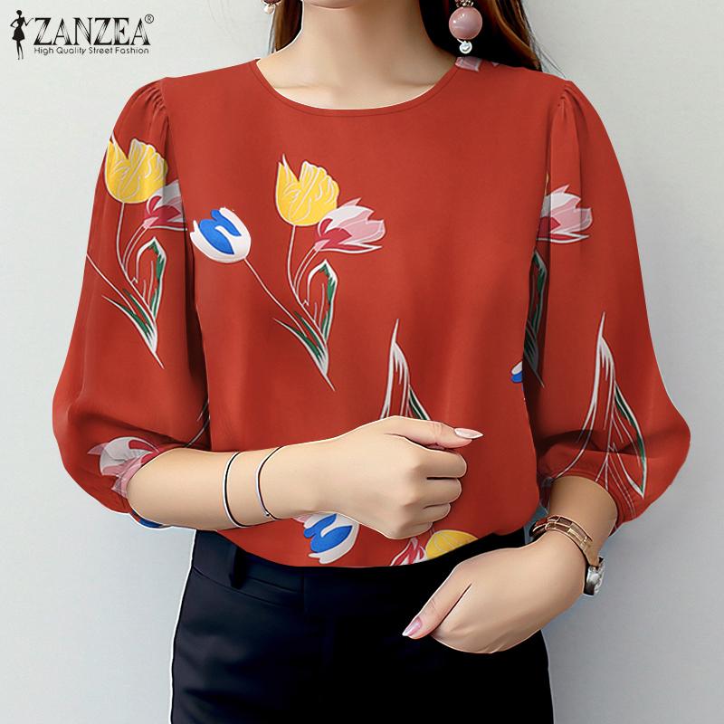 

ZANZEA Женская повседневная блузка с круглым вырезом и рукавом 3/4 с принтом 5XL красный