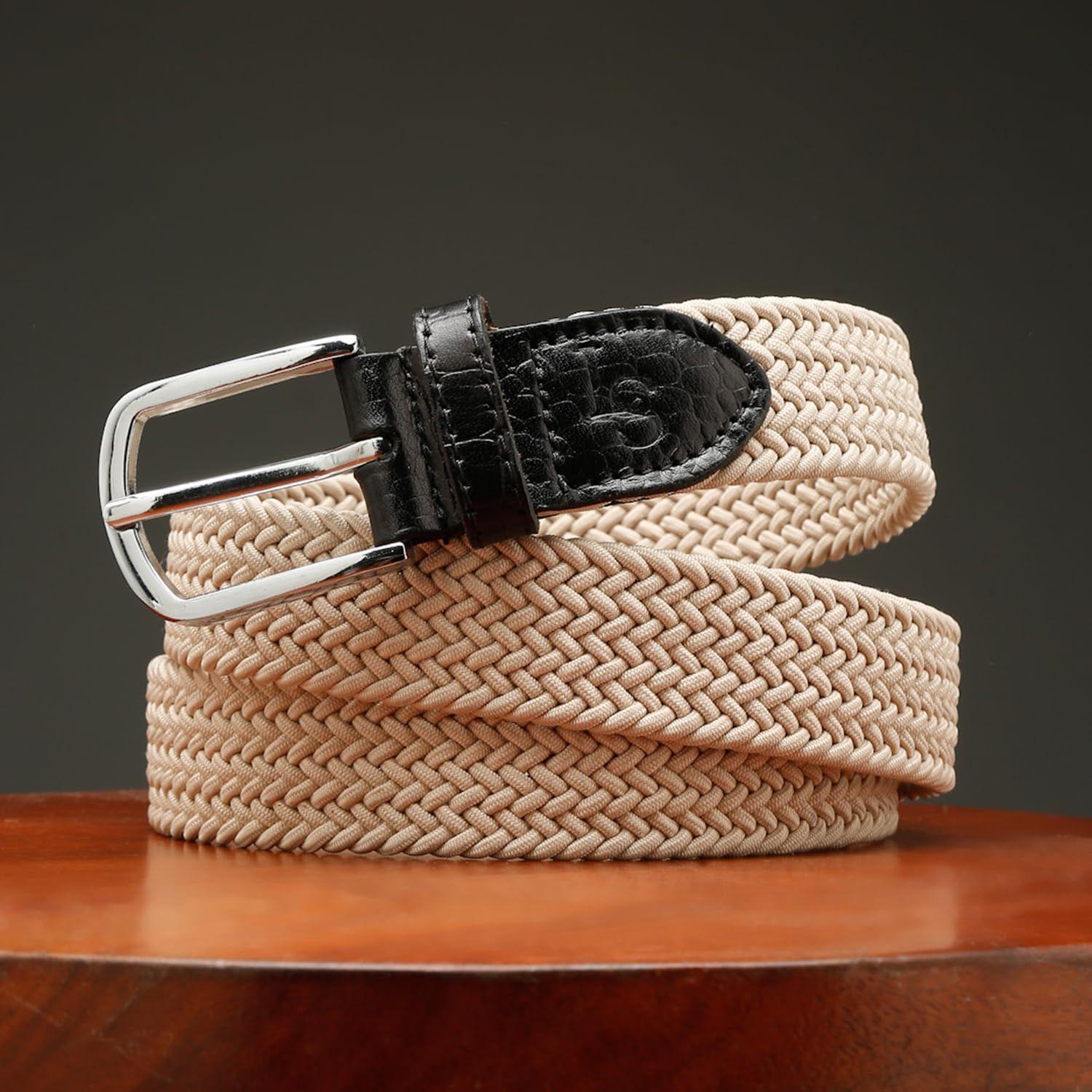 

Мужской плетеный эластичный эластичный ремень с кожаным наконечником, эластичный холщовый пояс для мужчин, женщин, мальчиков и девочек, унисекс Waist 26 -34