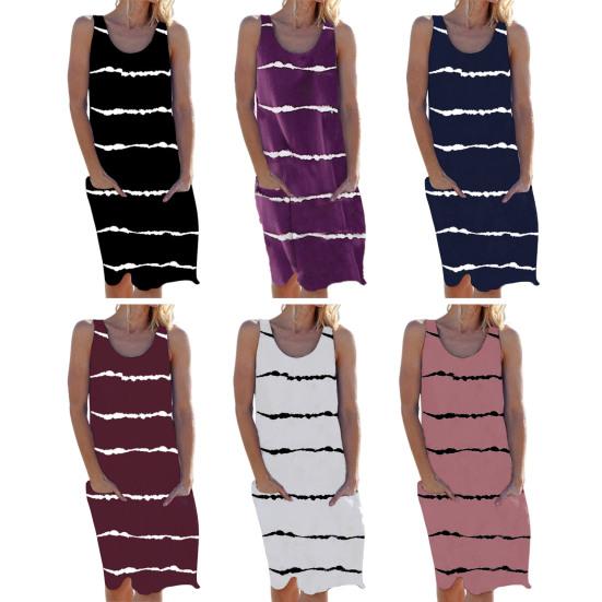 Women's Sleeveless Tank Dress Summer Casual Round Neck Tunic Dress with Pocket Baggy Stripe Beach Sundress Swimsuit Bikini Cover-Up