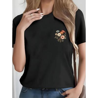 Damen Schwarz Floral Print T-Shirt Linke Brust Design Rundhals Kurzarm Leicht Sommerlich Lässig Alltags Stilvolles Oberteil