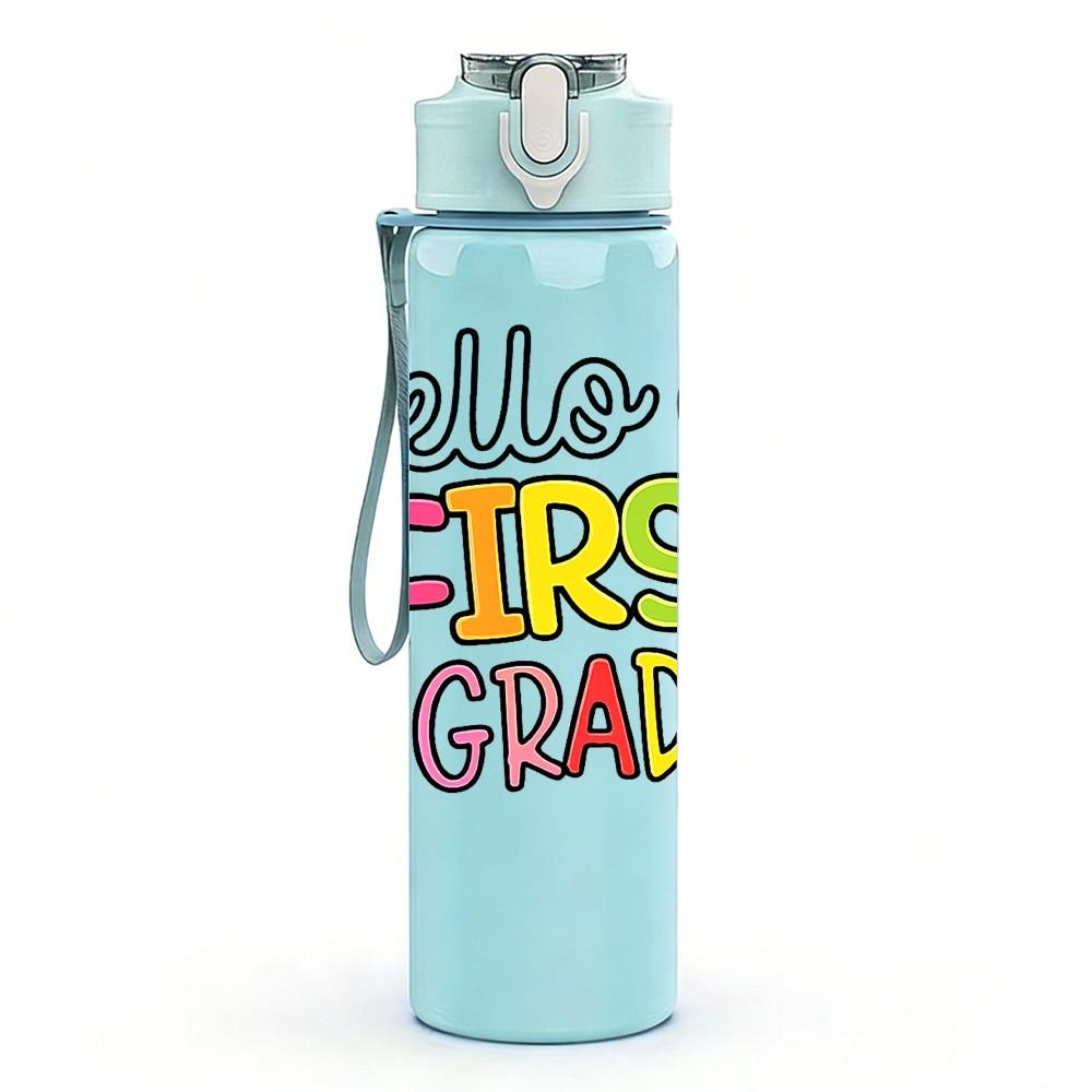 1PC Hello First Grade Apple Rainbow 750ml Color Plastic Sports Water Bottle Leakproof Flip Straw Lid Suitable for Sports Office Home Use
