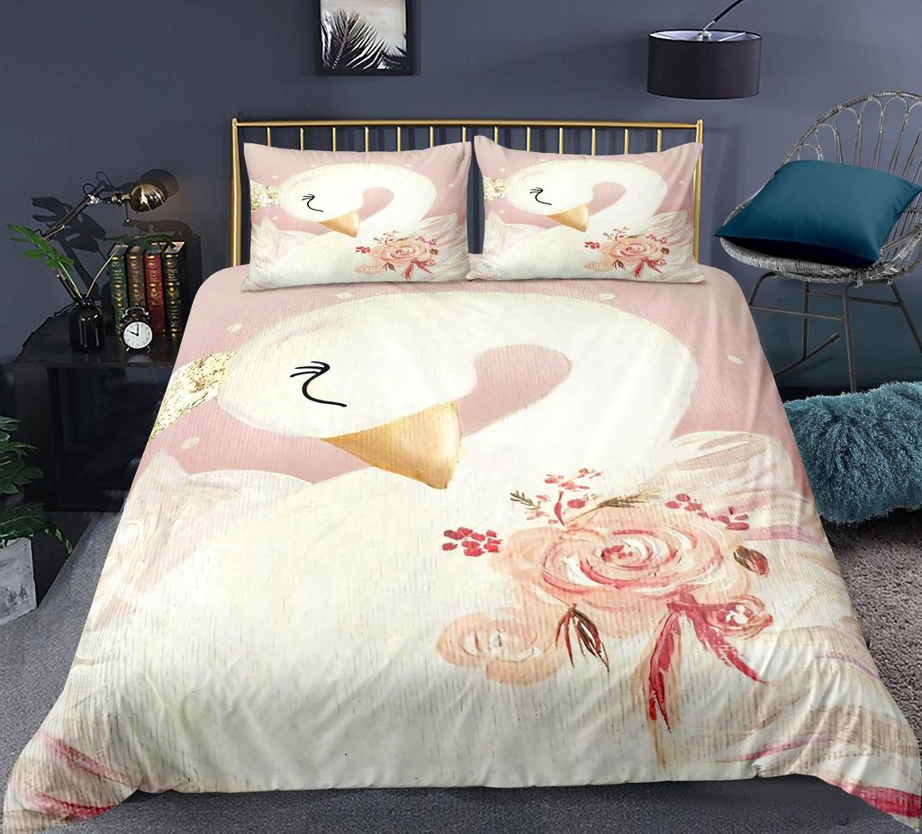 Swan Duvet Cover Set Rose Crown Comforter Cover Polyester Bedding Set Sweet Girl Romantic Quilt Cover Pink Red King Twin Size