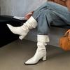 2025 new autumn and winter stacking boots mid-heel pointed rivets pleated thick heel lapel short Martin boots