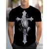 European Sizes Men's Religious Graphic Crew Neck T-Shirt , Breathable Gym & Casual Shirt with Cross & Prayer Hands Design, Short Sleeve Regular Fit