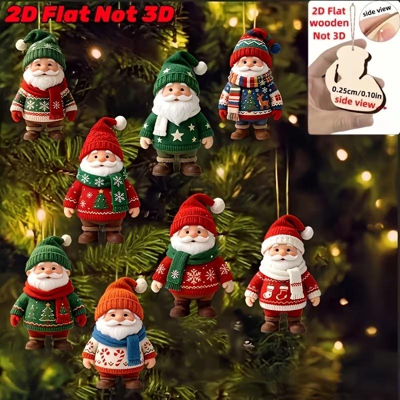 8 Stück 2D Cartoon Weihnachtsmann mit vielen Geschenken Weihnachtsbaum Dekoration Hängender Anhänger Feiertags alter Mann Dekoration Weihnachten Hängende Accessoires
