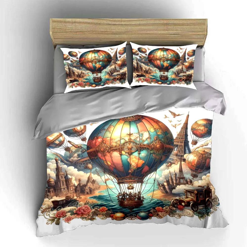 "Vintage Air Balloon Decor" Multiple Sizes Kid's and Adults' Bedroom Exquisite 3PC Bedding Set Gift