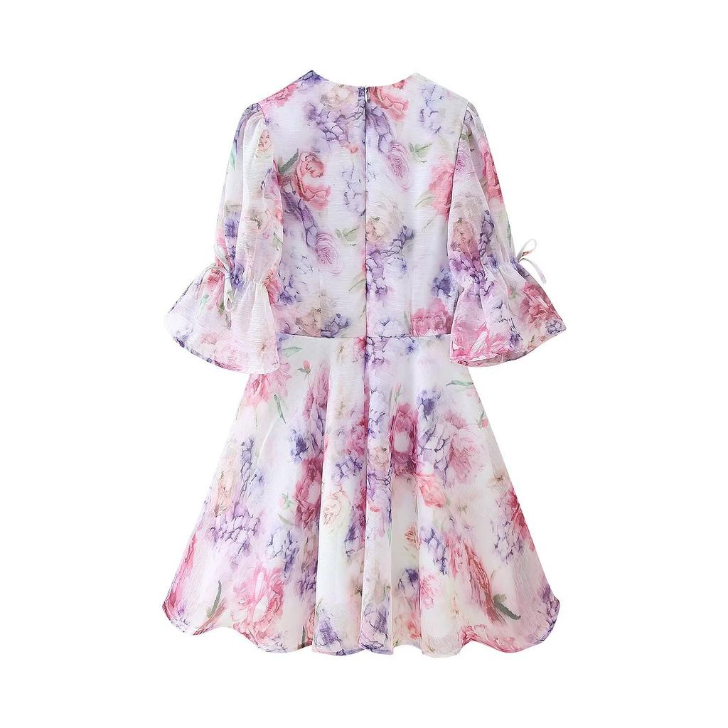 Popular spring new elegant temperament sexy V-neck flower decorative printed dress