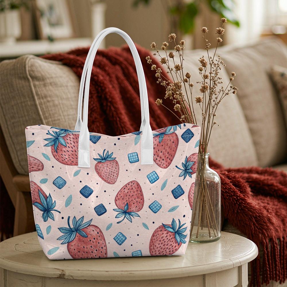Cute Strawberry Print Tote Bag Portable Casual Shopping Shoulder Bag for Daily Use