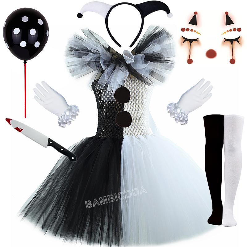 Das Clownskostüm Terrifier Art Girl Schwarz Weiß Ausgefallenes Tutu-Kleid Horror Joker Kleid für Mädchen Halloween Karnevalsparty Kostüme