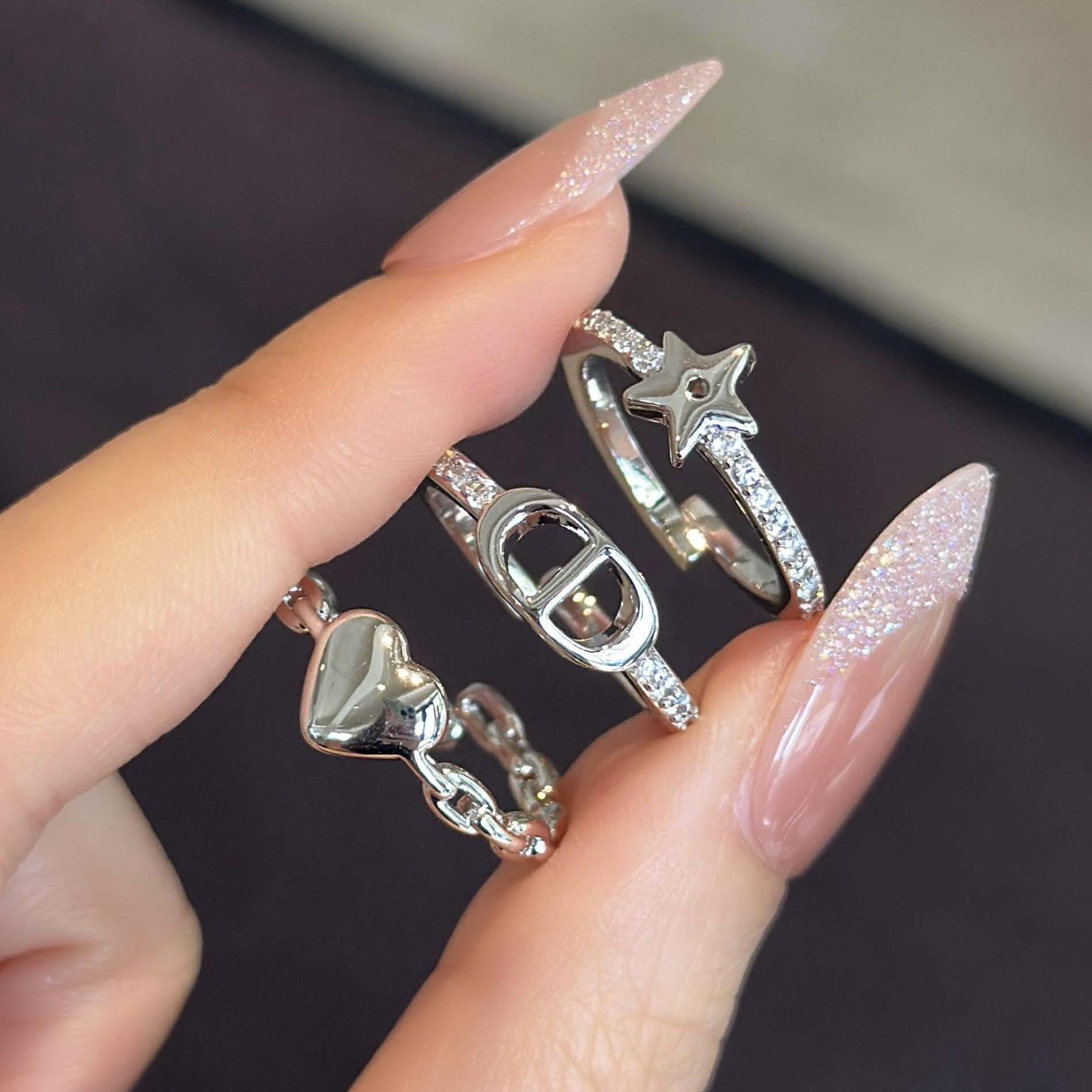 Zircon Inlaid Heart & Star Open Ring - Unique Index Finger Jewelry for Women Adjustable Opening