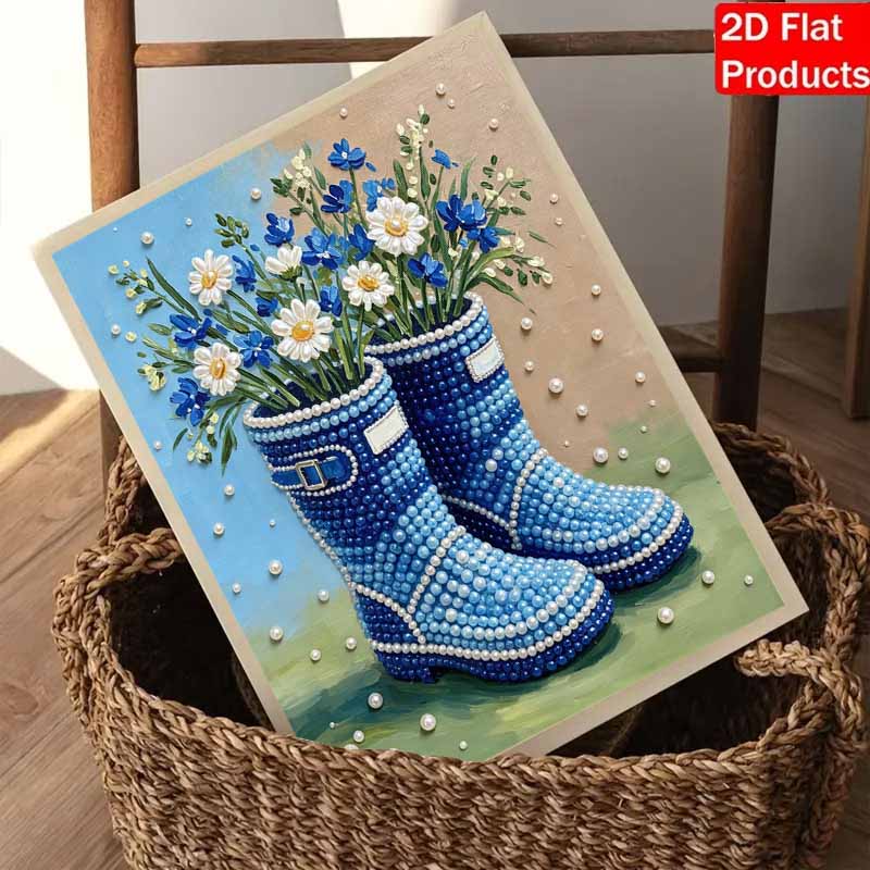 Framed Pearl Art DIY Kit with Blue Rain Boots Flower Pattern 3D Sparkling Bead Canvas Painting Handmade Gift for Wall Home Decoration