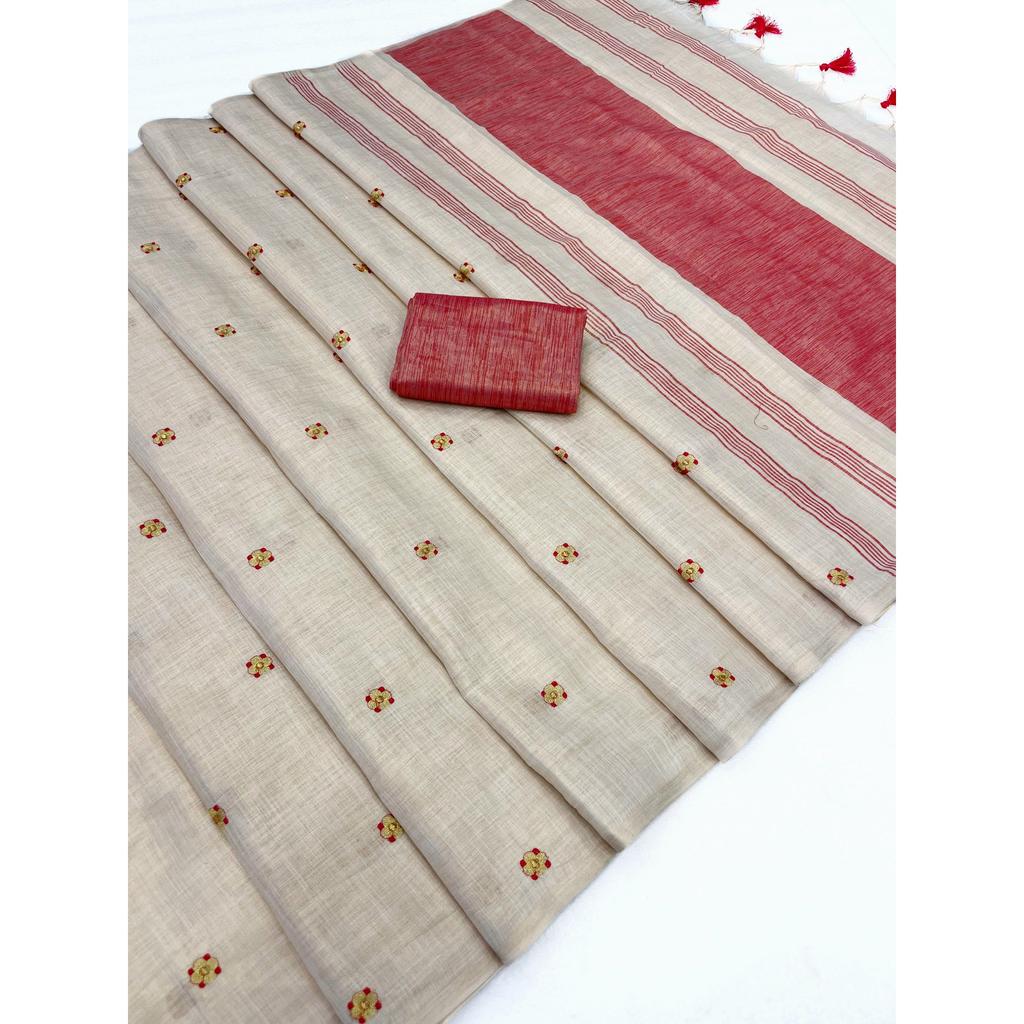 Premium Linen Silk Embroidered Saree with Elegant Latkan Detailing