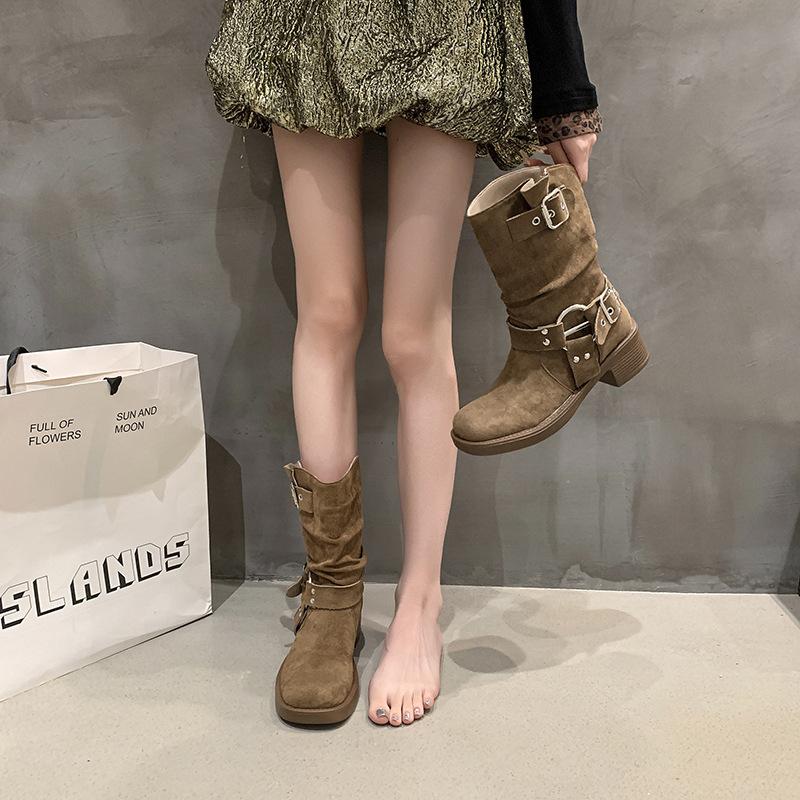 Large Size Women's Shoes 41-43 Retro Thick Heel Martin Boots Women's Autumn and Winter British Style Belt Buckle High Heel Medium Tube Knight Boots