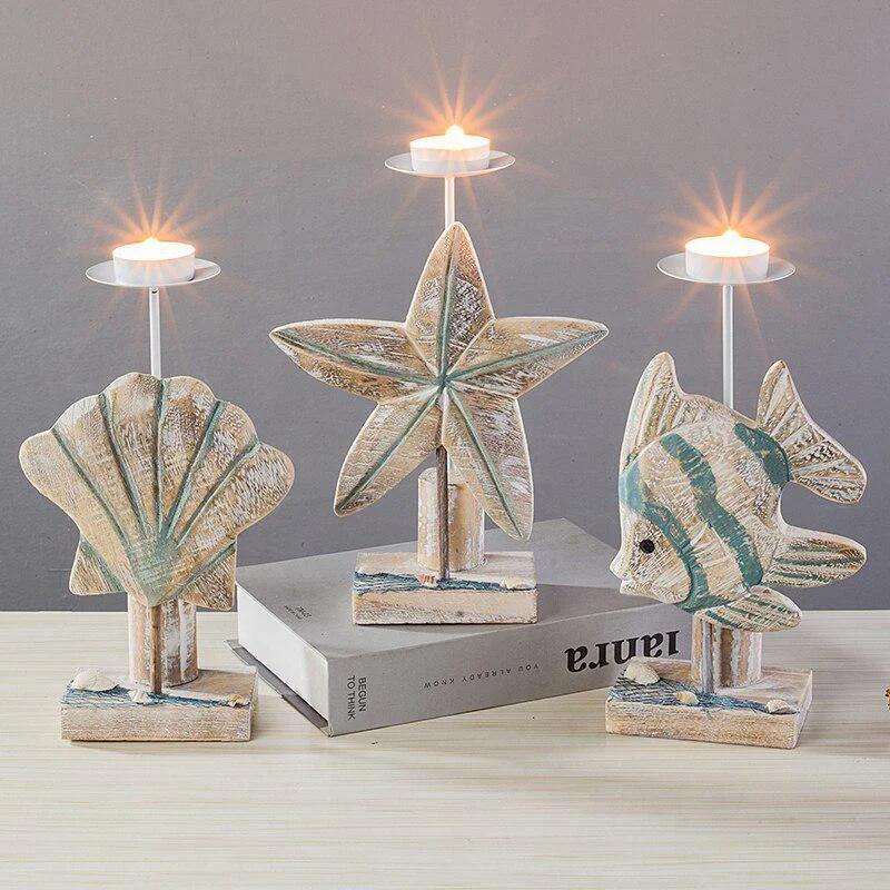 Mediterranean Style Fish-shaped Candlestick Handicraft Gifts Wooden Starfish Candlestick Display Rack Home Desktop Decoration