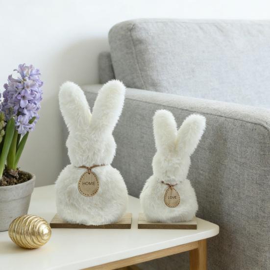 2 st Pälsklädda Kaninfigurer Påsk Plysch Vita Kaniner på Träbas för Vårfest Hemma Kontor Bordsskiva Dekoration