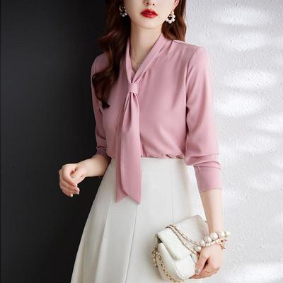 Troloman Women's Long-Sleeve Ribbon Tie Blouse
