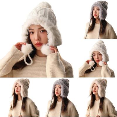 1PC  Women's Cable Knit Winter Beanie Hats with Pompom - Faux Fur Trim Fuzzy Soft Warm Ear Cover Skull Caps