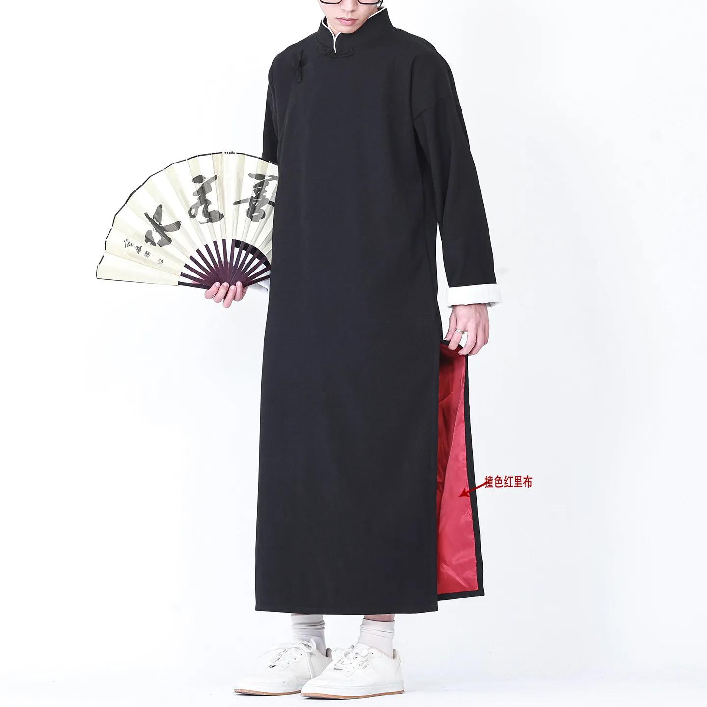 Новое поступление Весна Мужской Китайский стиль Ханьфу Мужской Цветные блоки Танский костюм Длинный халат Пальто Мужской Традиционный сценический костюм 3XL чёрный