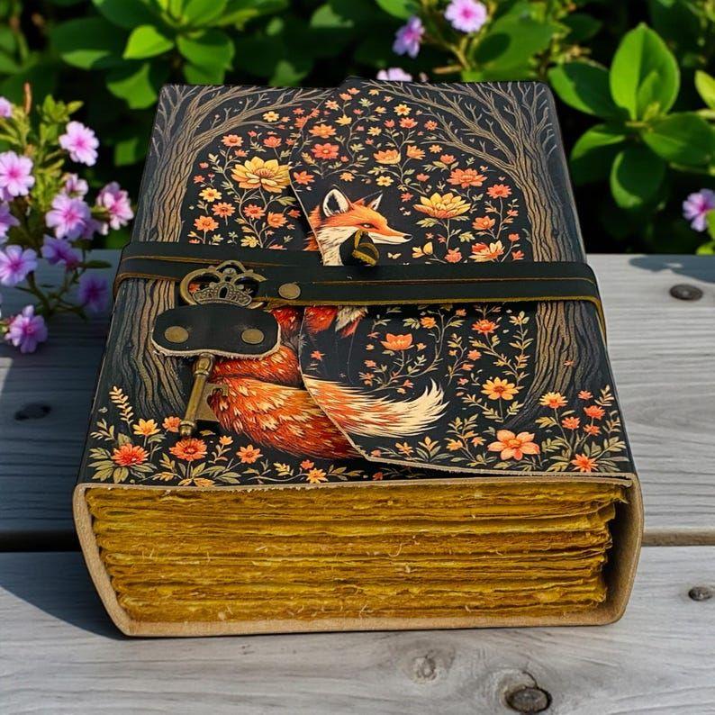 Fox Leather Journal Vintage Handmade, Grimoire Fat Journal with Key Blank Spell Book of Shadows, Celestial Christmas Gifts