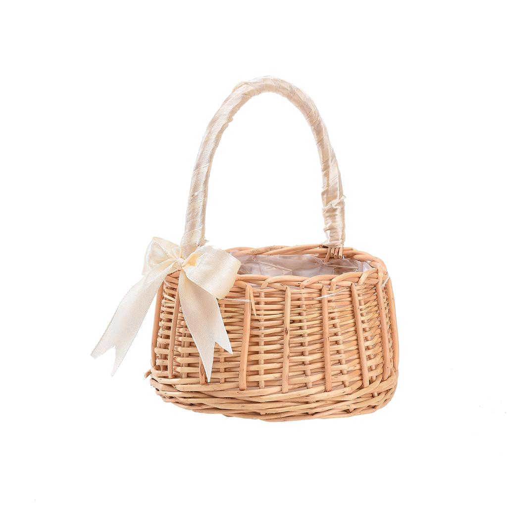 Woven Flower Girl Basket with Handle Handwoven Artificial Flower Wicker Storage Basket for Home Wedding Birthday