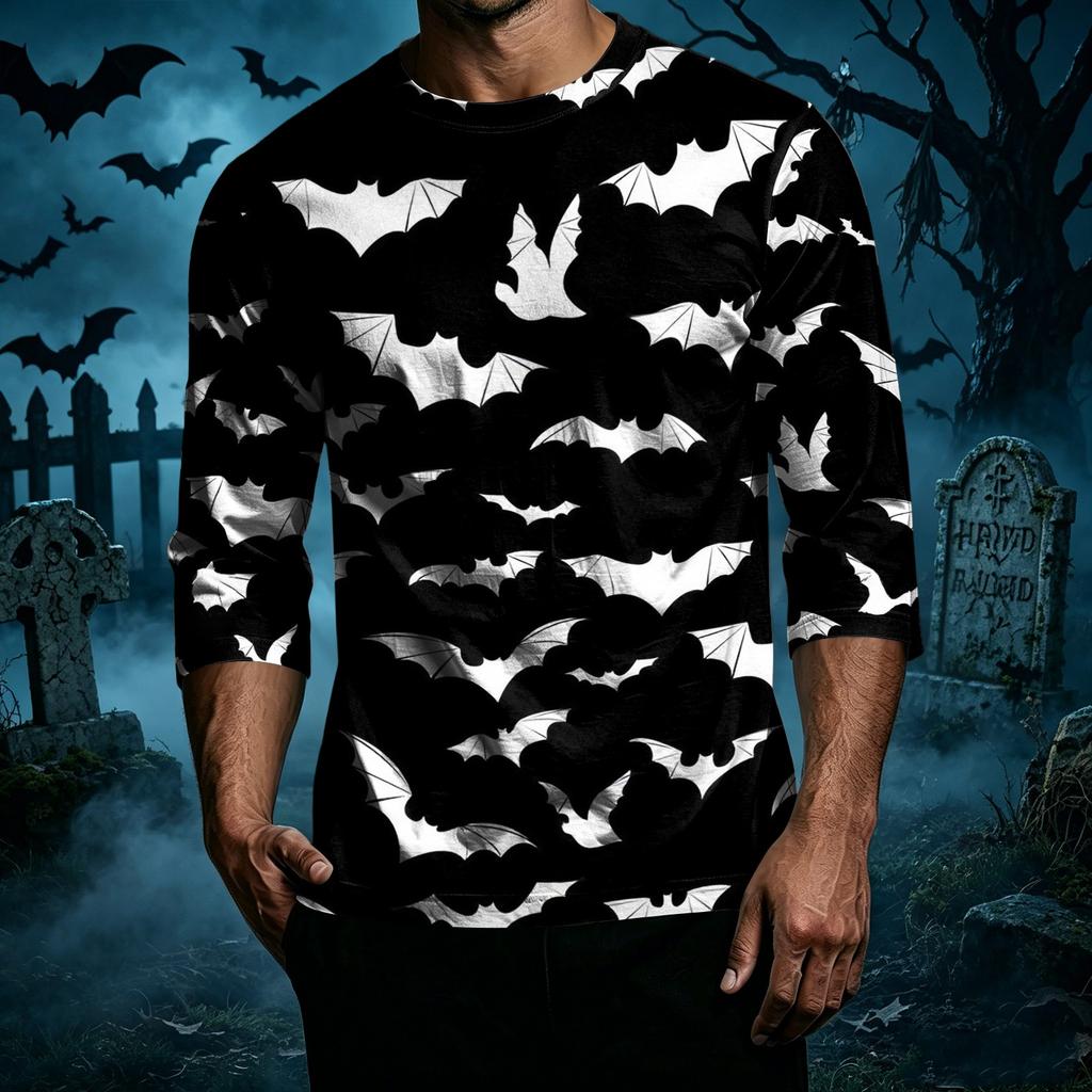 Men Casual Halloween Print Raglan Sleeve T Shirt Crew Neck Three Quarter Sleeve Top for Everyday Wear