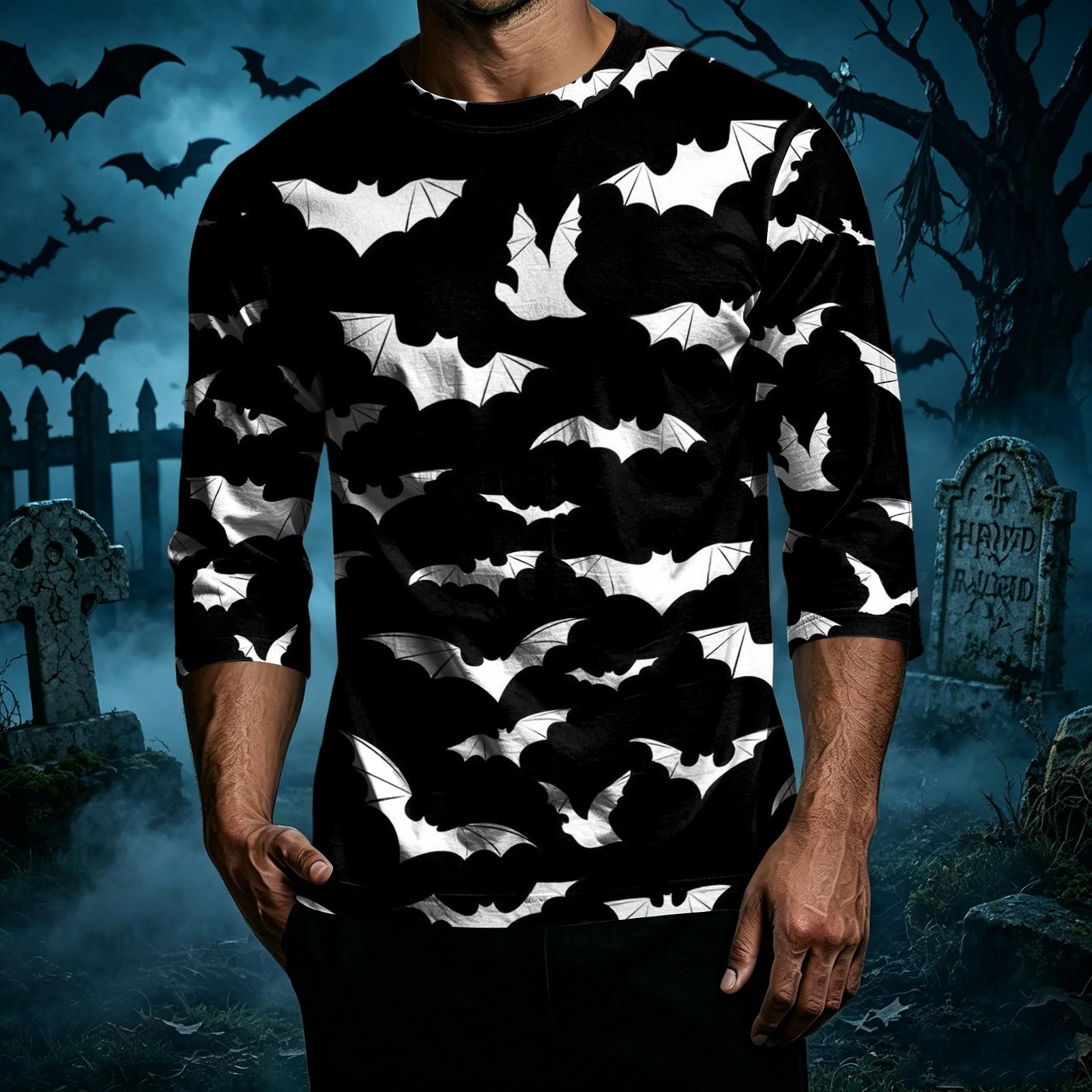 Men s Casual Halloween Printed T-Shirt - Round Neck Three-Quarter Sleeve M