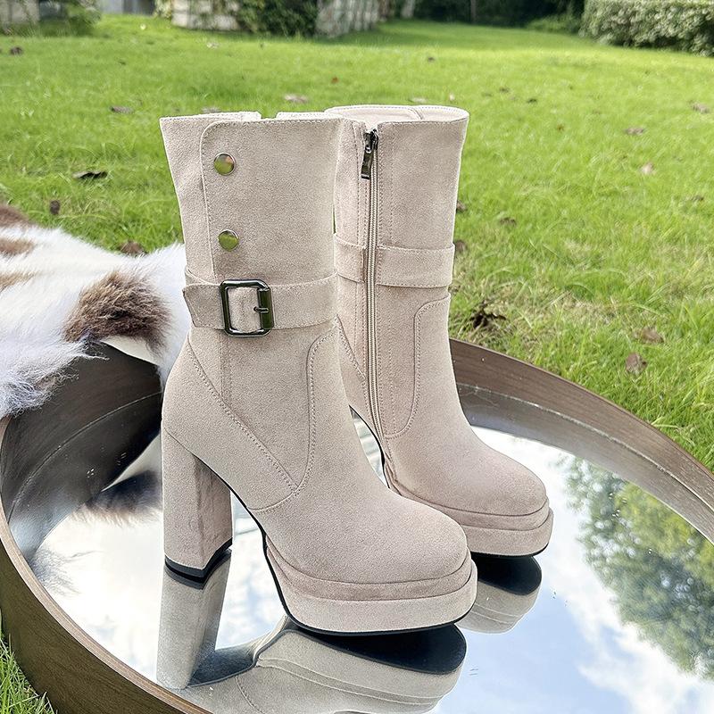 Small thick-soled thick-heeled short boots women's 2025 new autumn retro suede super high-heeled elastic thin boots