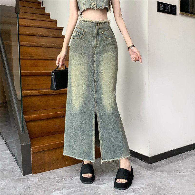 American Retro Denim Suit Women's Summer Spice Girl Sleeveless Vest Split Skirt Two-piece Set High Waist and Thin